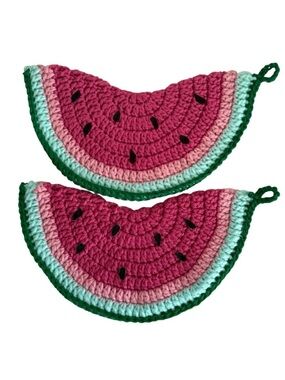 2 Vintage 80s 90s Handmade Crochet Watermelon Potholders Cottagecore Kitsch Boho